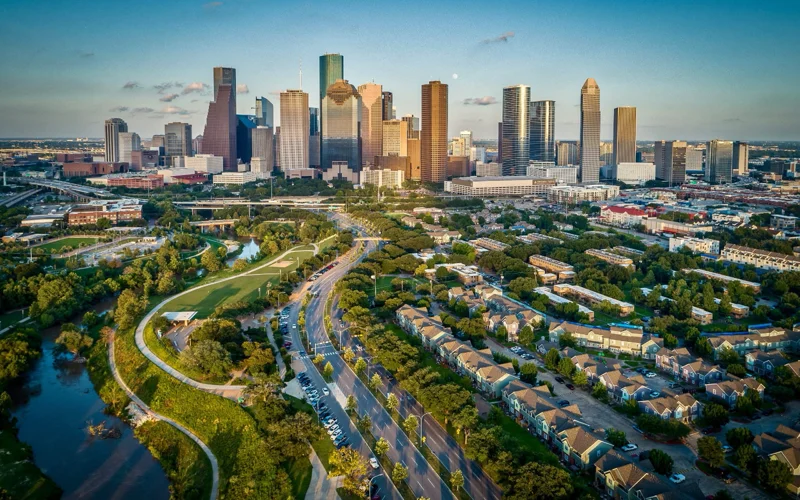 Downtown Houston skyline and Buffalo Bayou